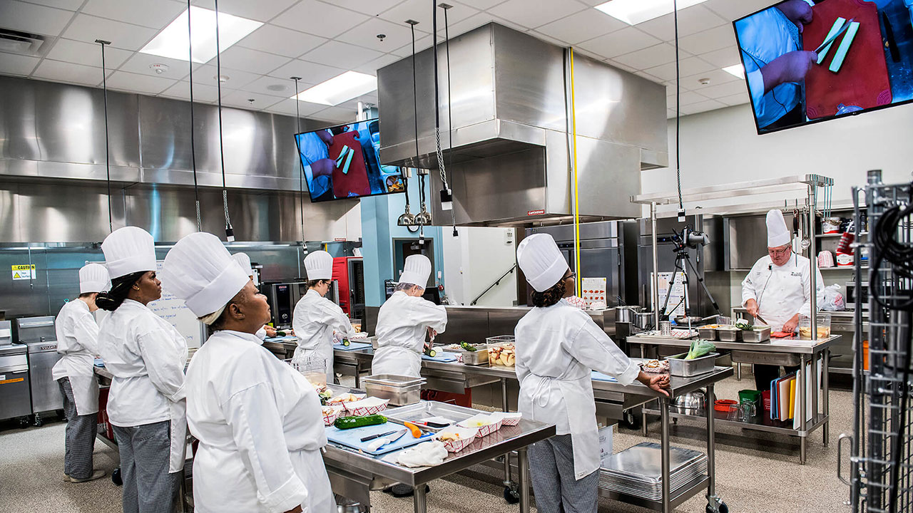 Students in commercial kitchen, cooking for class